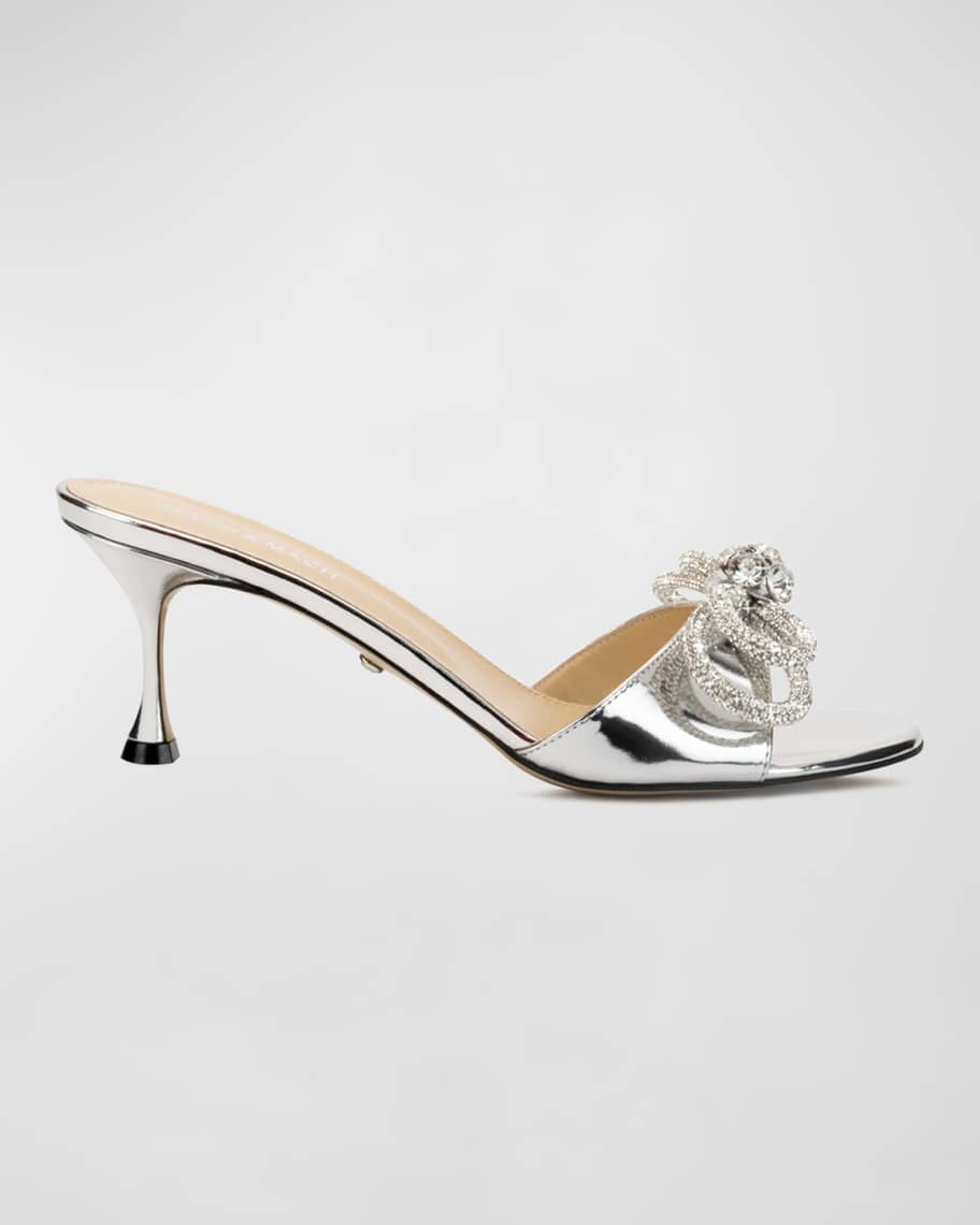 MACH & MACH Double Bow Silver Patent Leather Mule Pumps | Neiman Marcus