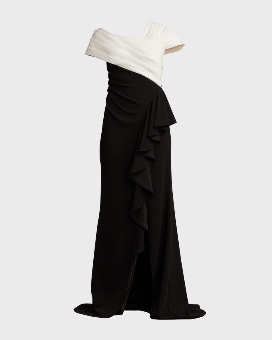 Tadashi Shoji Pleated Two-Tone Ruffle Crepe Gown | Neiman Marcus