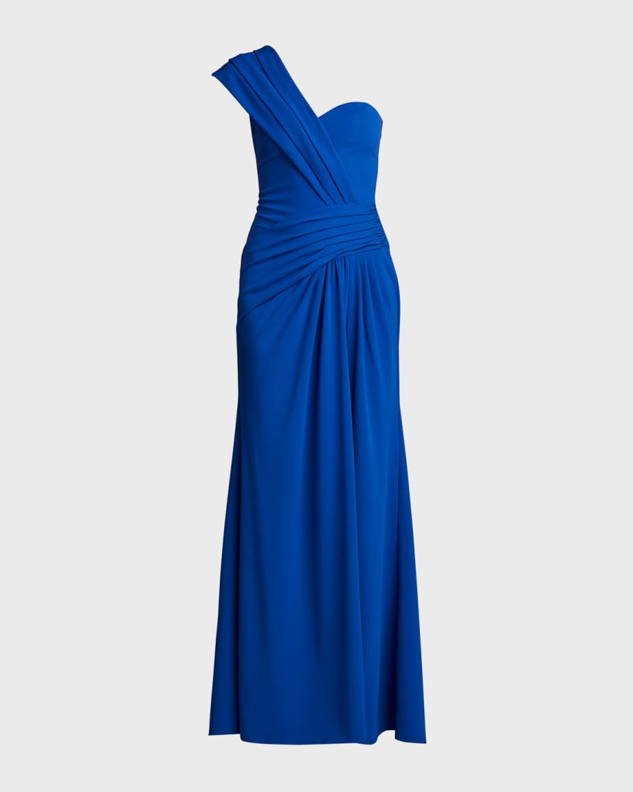 Tadashi Shoji Pleated One Shoulder Crepe Column Gown Neiman Marcus