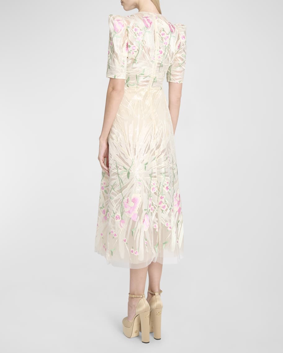 Image 3 of 6: Plunging Floral Embroidered Tulle Short-Sleeve Midi Dress