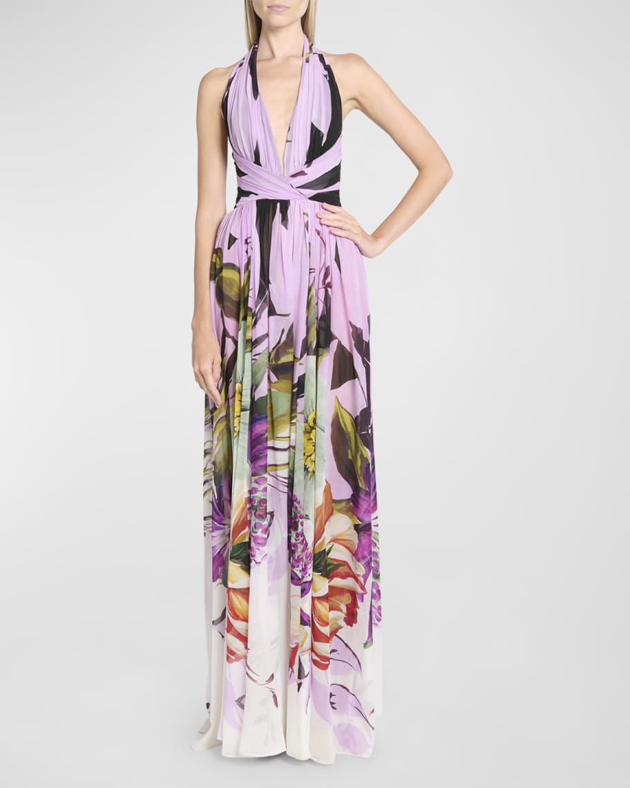 Image 2 of 6: Floral-Print Plunging Halter Silk Gown