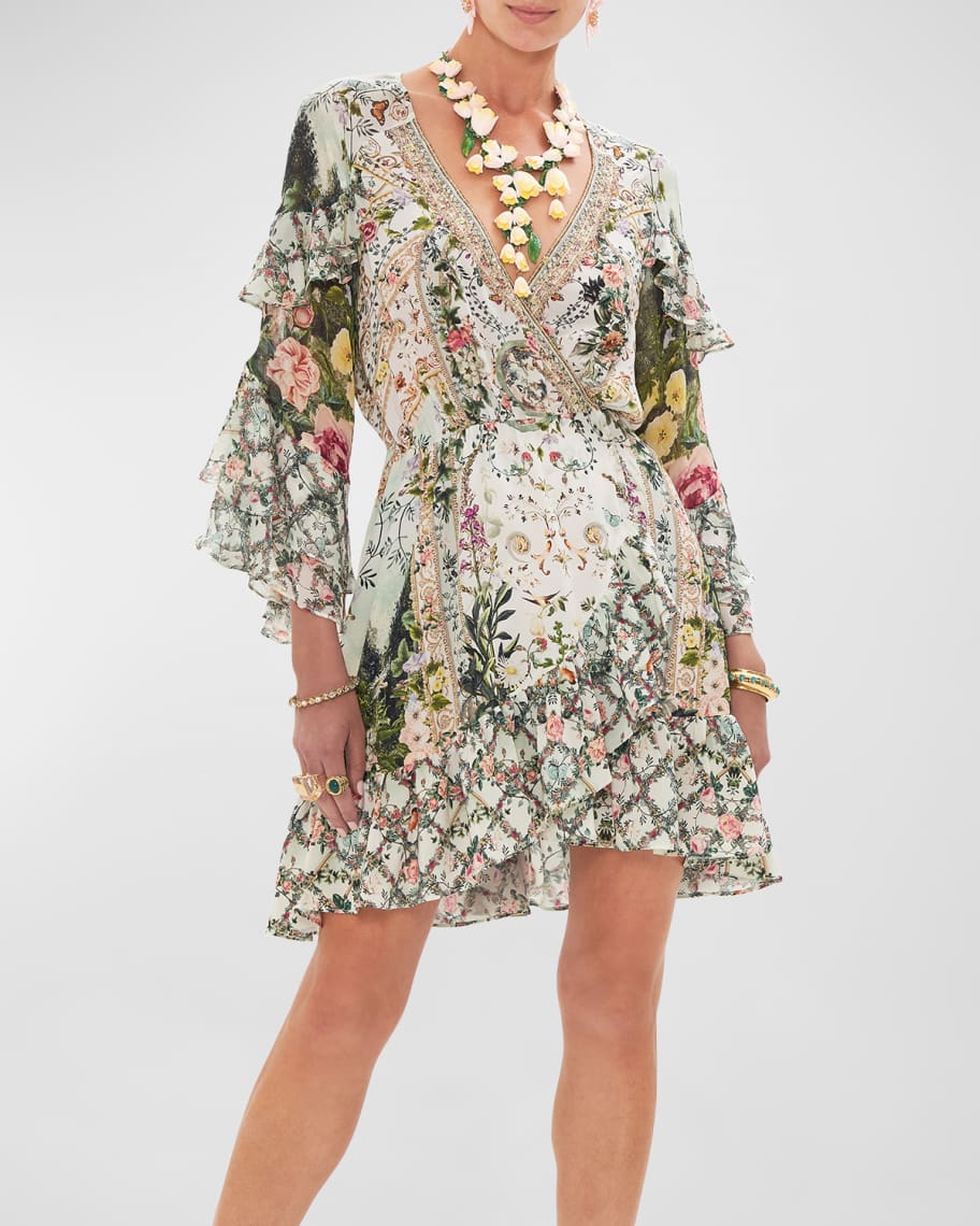 Camilla Ruffled Silk Short Wrap Dress | Neiman Marcus