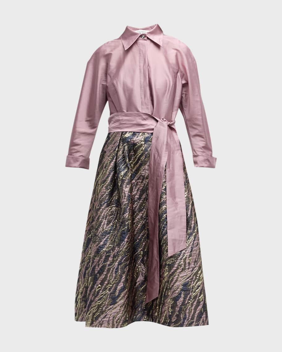 Taffeta Shirtdress Gown With Metallic Jacquard Skirt