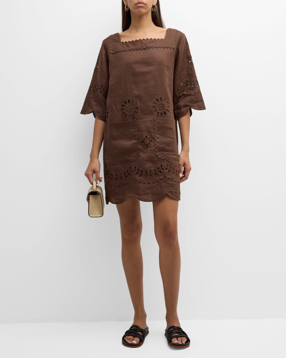 Oroton Scalloped Eyelet-Embroidered Shift Mini Dress | Neiman Marcus