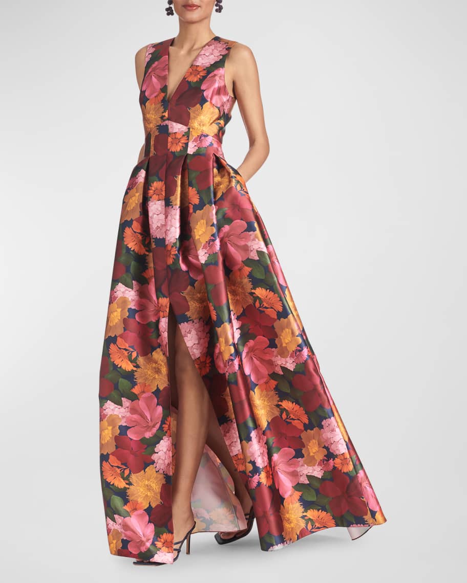 Sachin & Babi Brooke Pleated Floral-Print Mikado Gown | Neiman Marcus