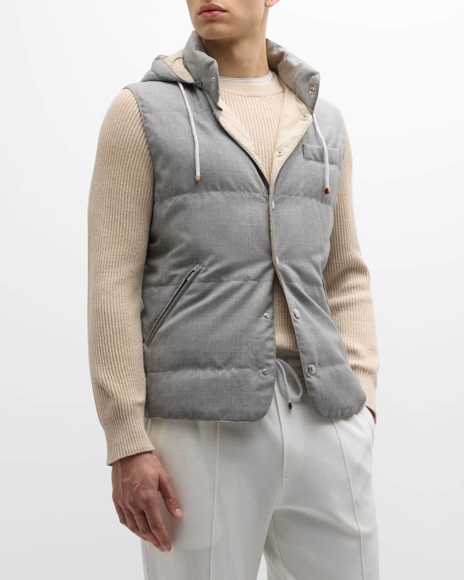 Brunello Cucinelli Men's Quilted Down Wool Hooded Vest | Neiman Marcus