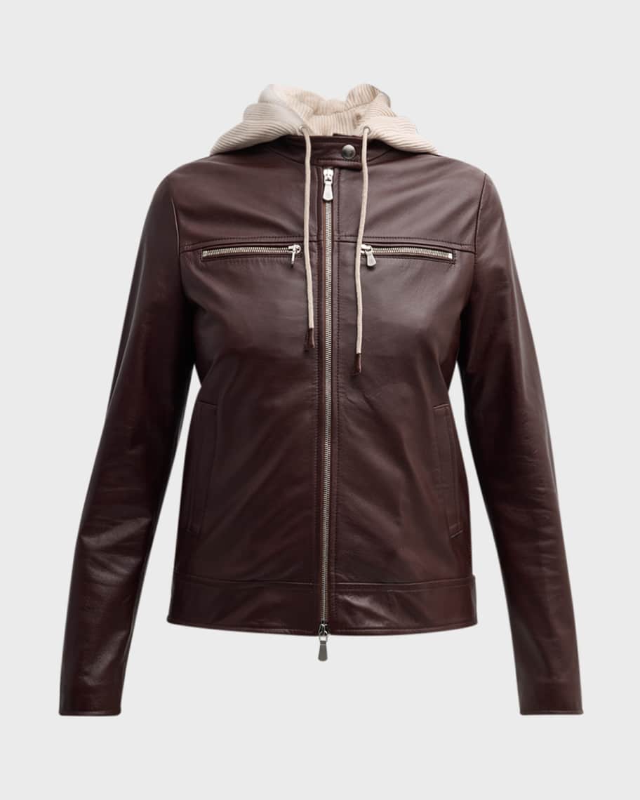 Image 2 of 6: Hooded Zip-Front Leather Biker Jacket