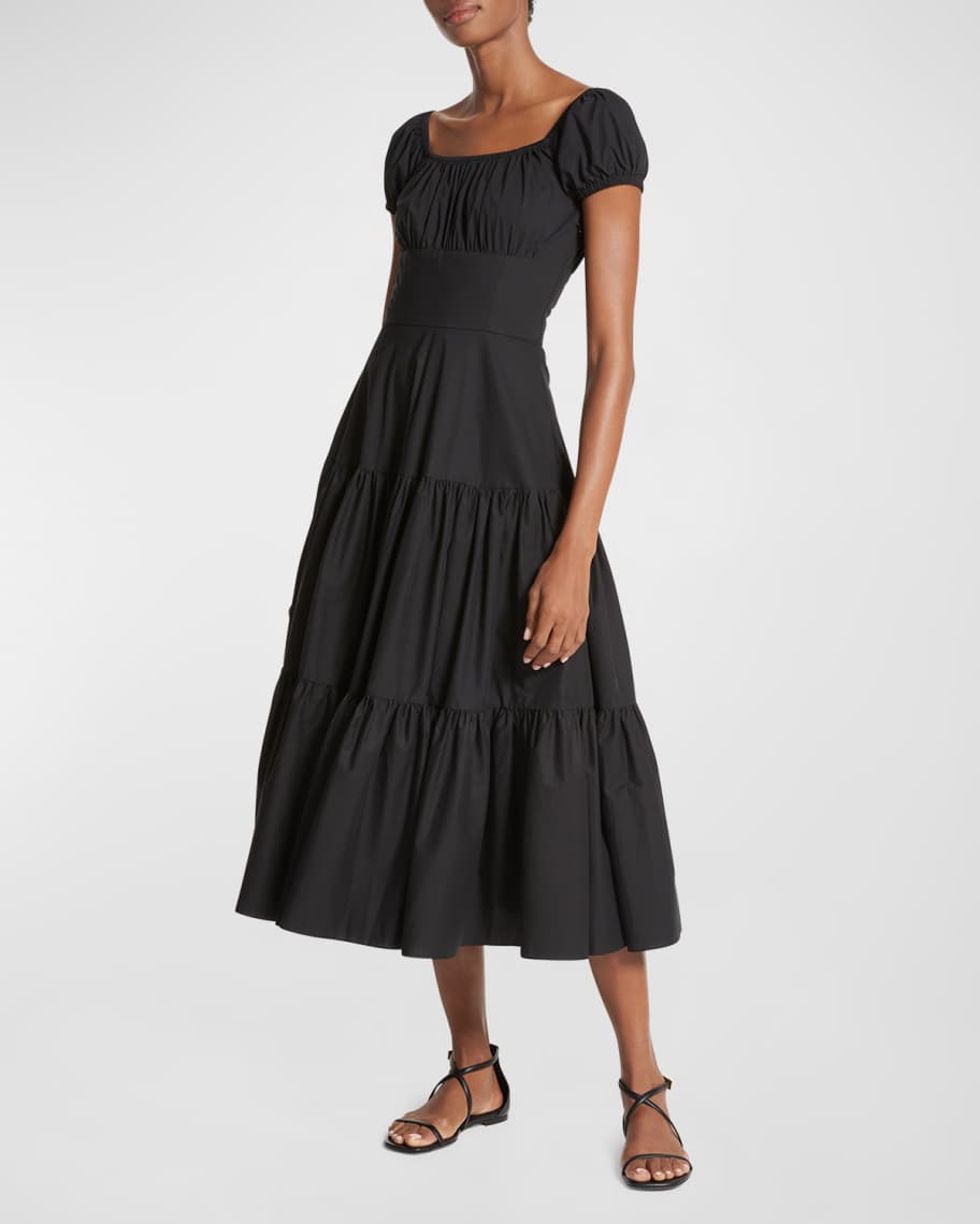 Image 1 of 2: Portrait-Neck Puff-Sleeve Tiered Midi Dress