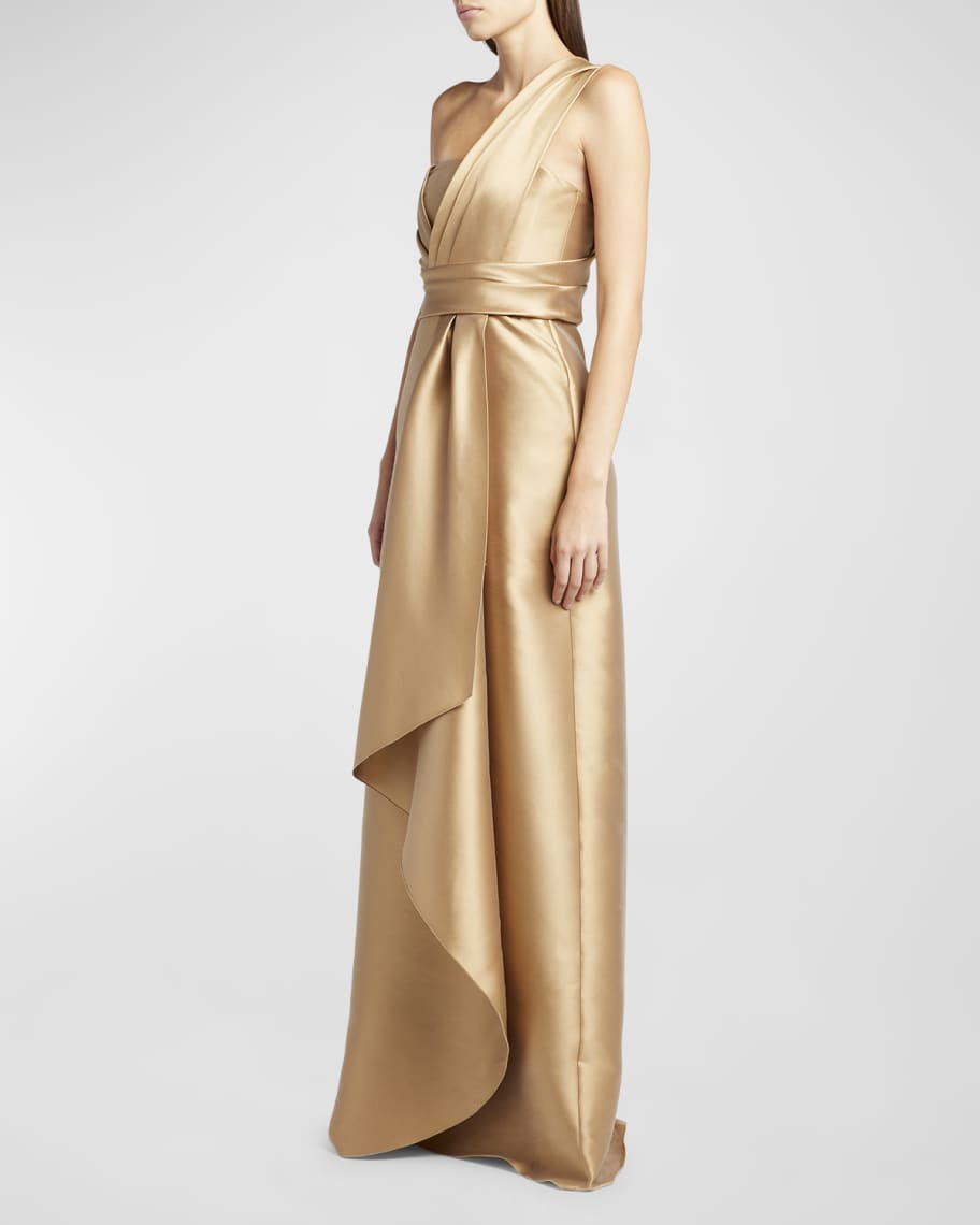 Alberta Ferretti Pleated Drape One-Shoulder Satin Gown | Neiman Marcus