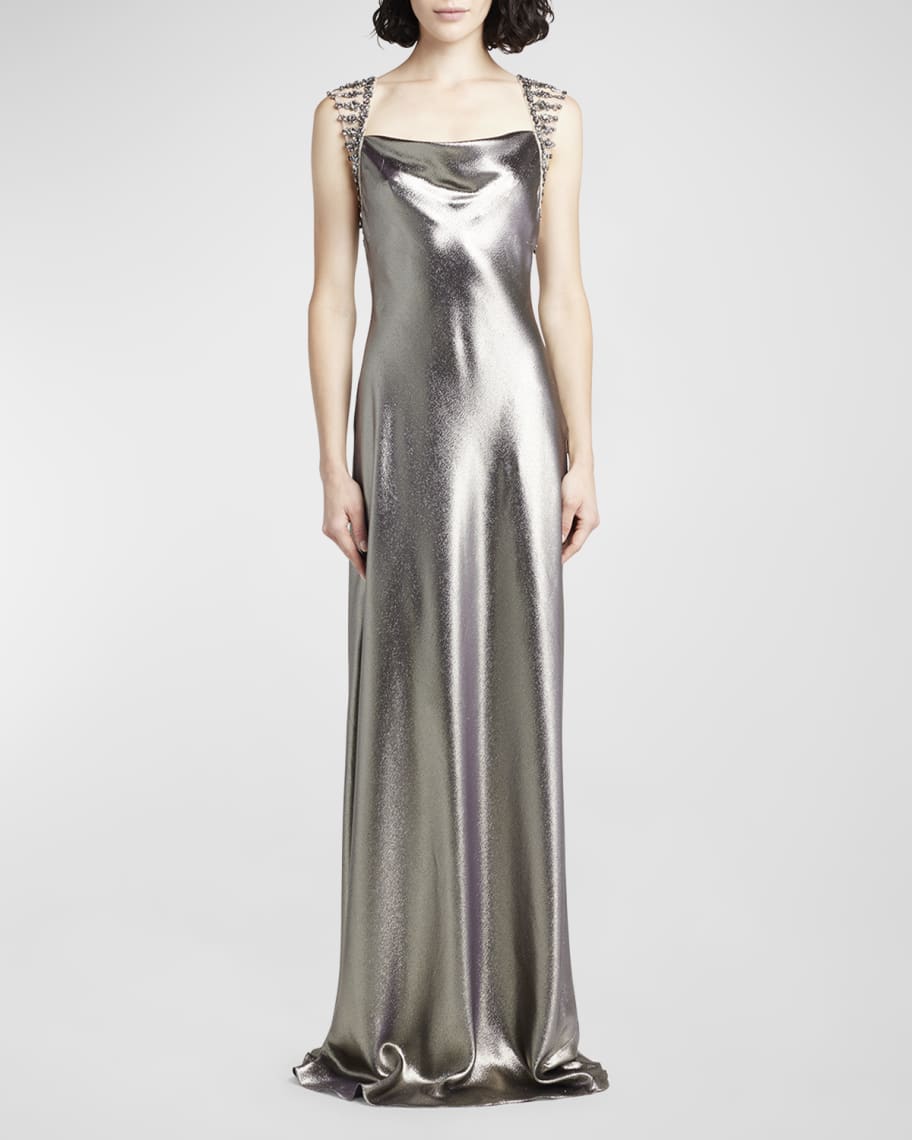 Alberta Ferretti Crystal Open-Back Metallic Satin Sleeveless Gown ...