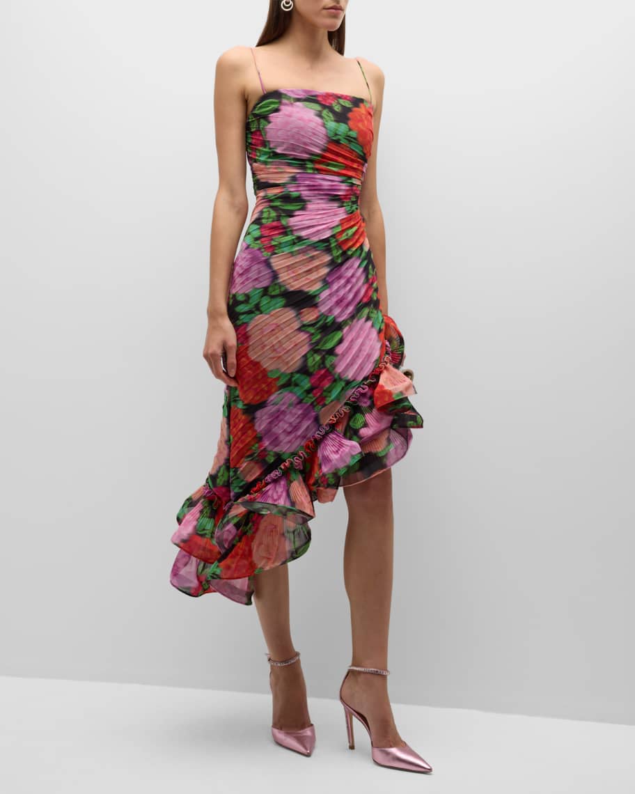 Ungaro Jude Pleated Floral-Print Ruffle Midi Dress | Neiman Marcus