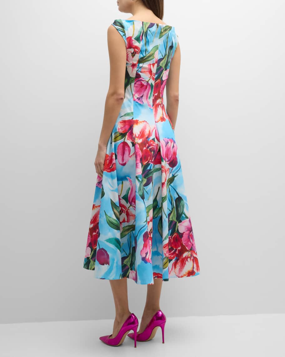 Image 3 of 6: Tulip-Print High-Neck Cotton Pique Midi Dress