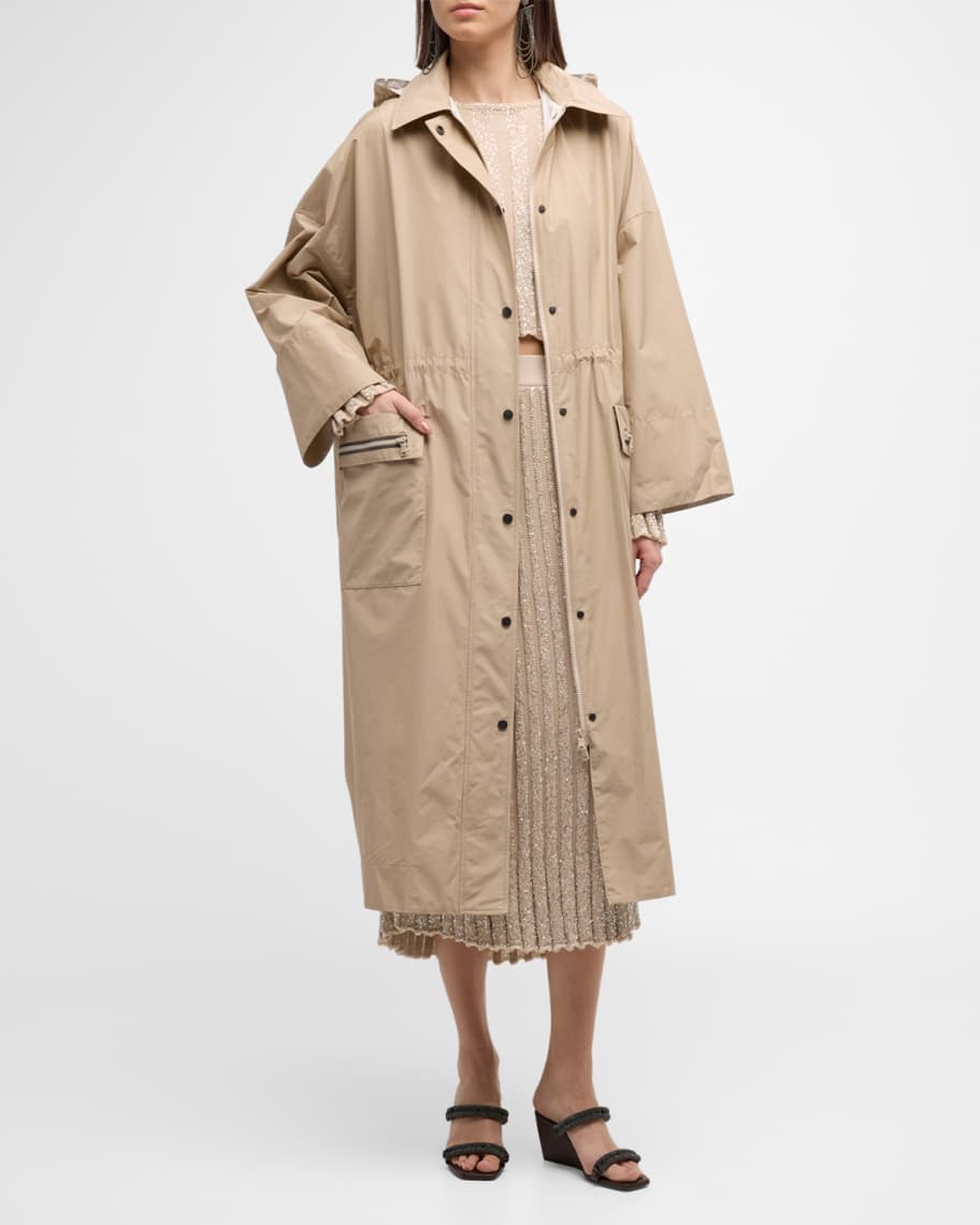Image 1 of 6: Monili-Trim Front Pocket Hooded Taffeta Long Coat