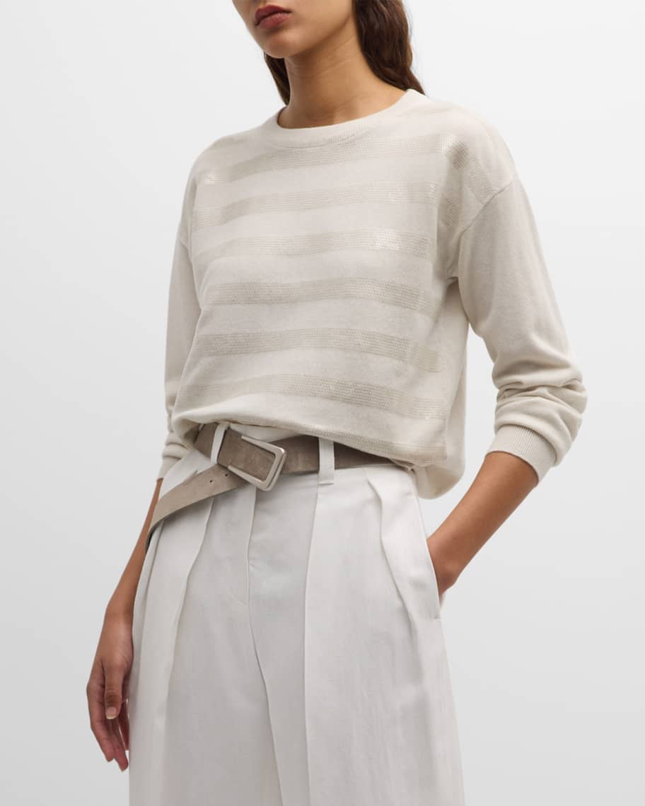 Image 2 of 6: Tonal Paillette Striped 2-Ply Cashmere Crewneck Sweater