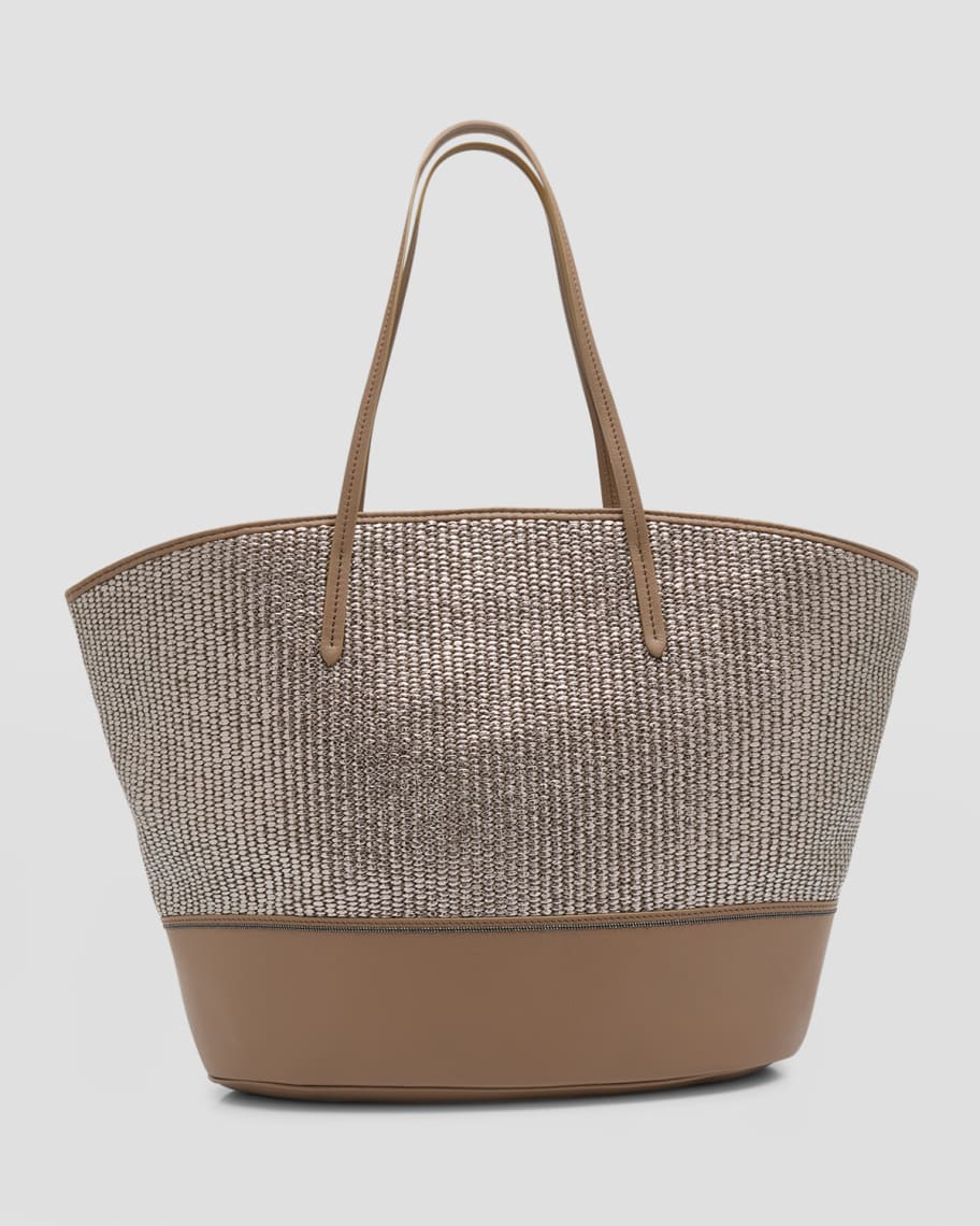 Image 1 of 4: Metallic Raffia Leather Tote Bag