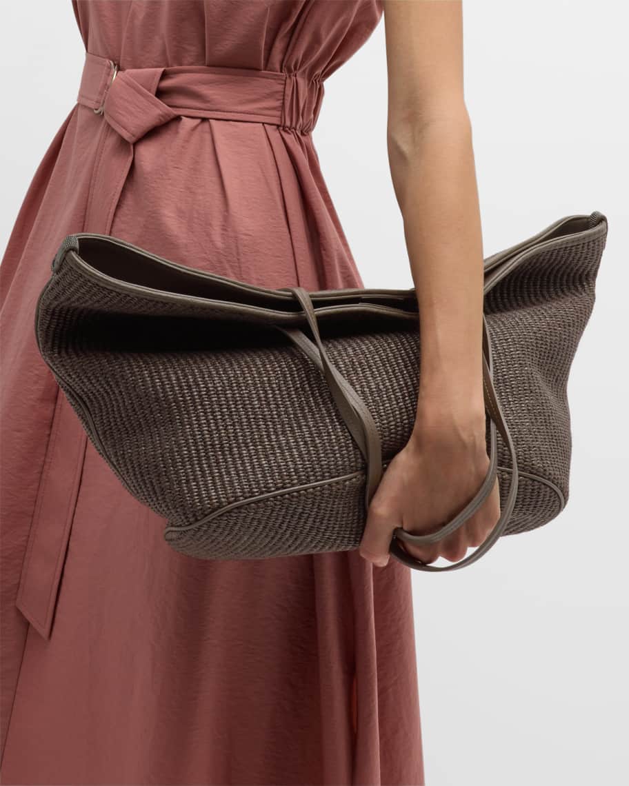 Image 3 of 6: Raffia Leather Tote Bag