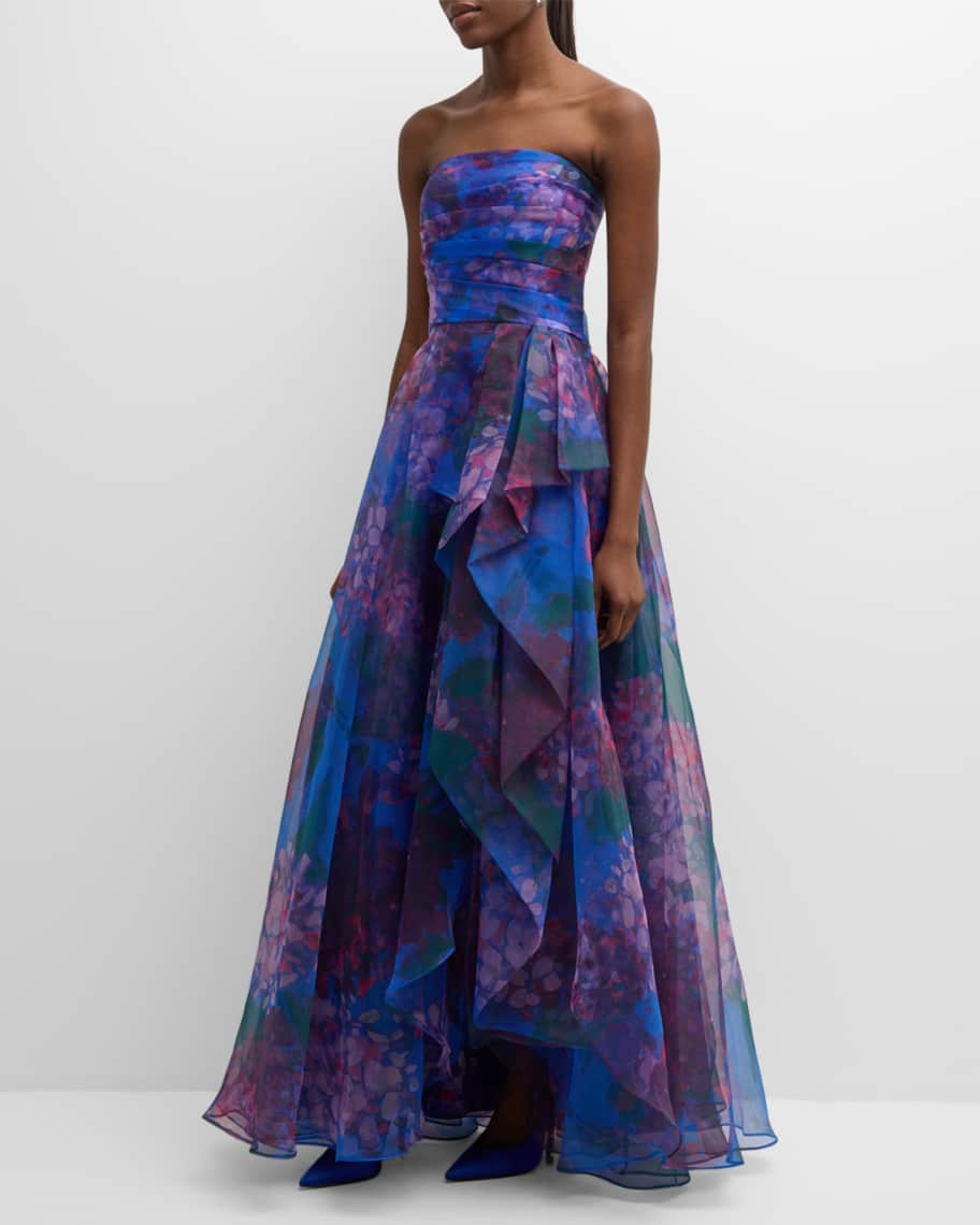 Theia Dorian Strapless Floral-Print Organza Gown | Neiman Marcus