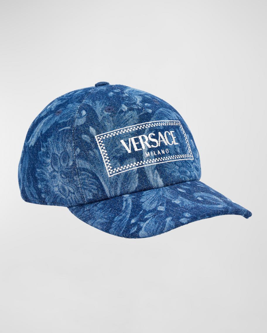 Versace Embroidered Logo Barocco Print Denim Baseball Hat  display picture 2