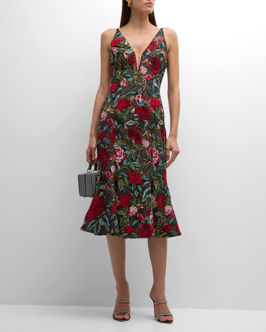 Dress the Population Black Label Isabelle Deep V Neck Embroidered Midi Dress Neiman Marcus