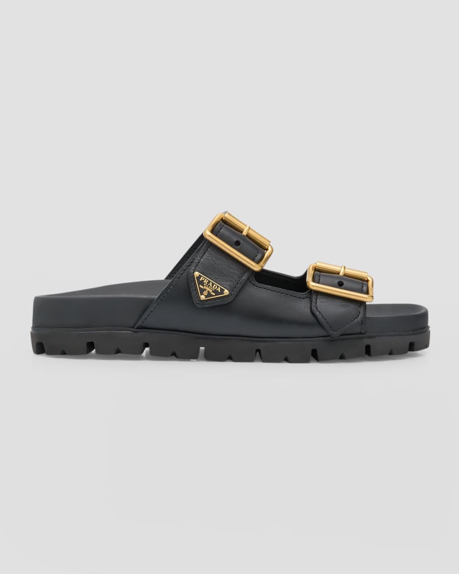 Prada Leather Dual-Buckle Slide Sandals | Neiman Marcus