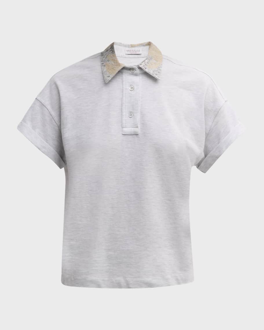 Image 1 of 6: Cotton Pique Polo Top with Multi Beaded Magnolia Collar