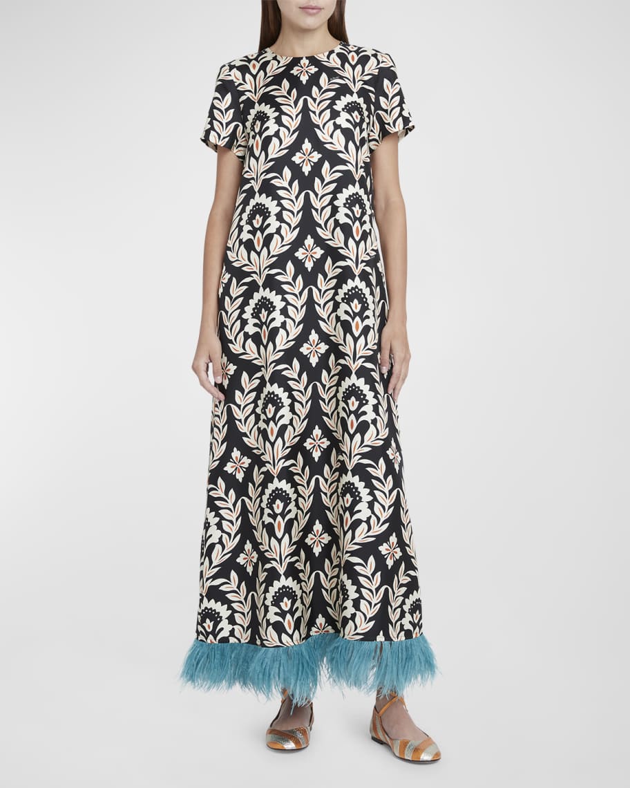 La DoubleJ Short-Sleeve Swing Dress with Feathers | Neiman Marcus