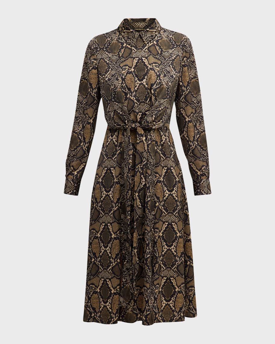 Image 2 of 5: Marina Snakeskin-Print Tie-Waist Shirtdress