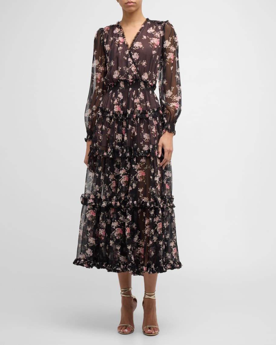LoveShackFancy Kailo Tiered Floral Silk Chiffon Midi Dress | Neiman Marcus