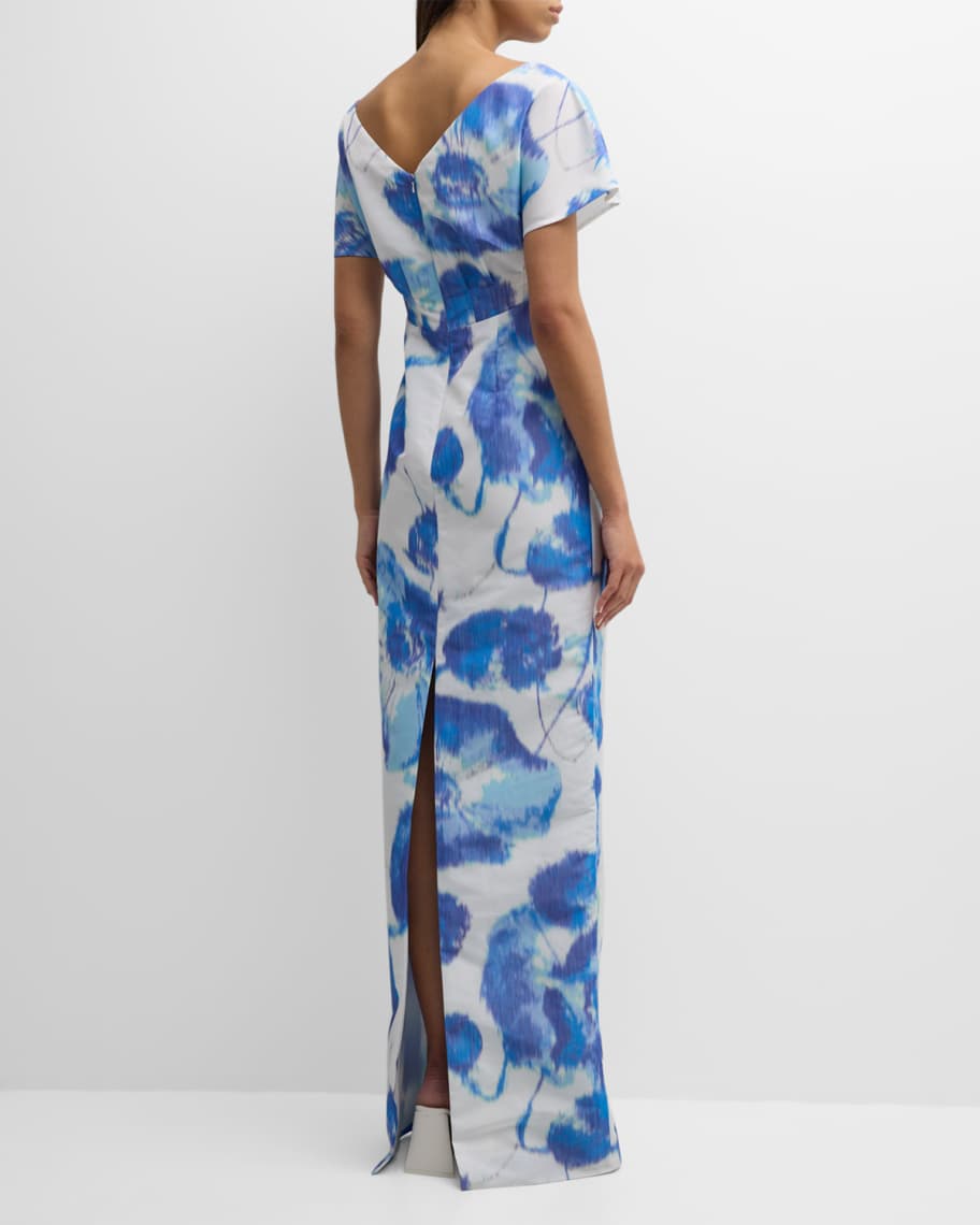 Image 3 of 6: Boat-Neck Floral Empire-Waist Short-Sleeve Gown