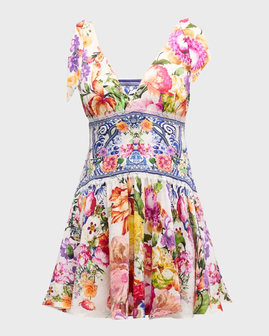 Image 1 of 6: Tie-Shoulder Floral Linen Silk Mini Dress