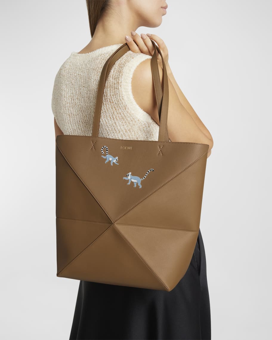 Image 3 of 6: Puzzle Fold Medium Tote Bag in Shiny Leather with Lemurs