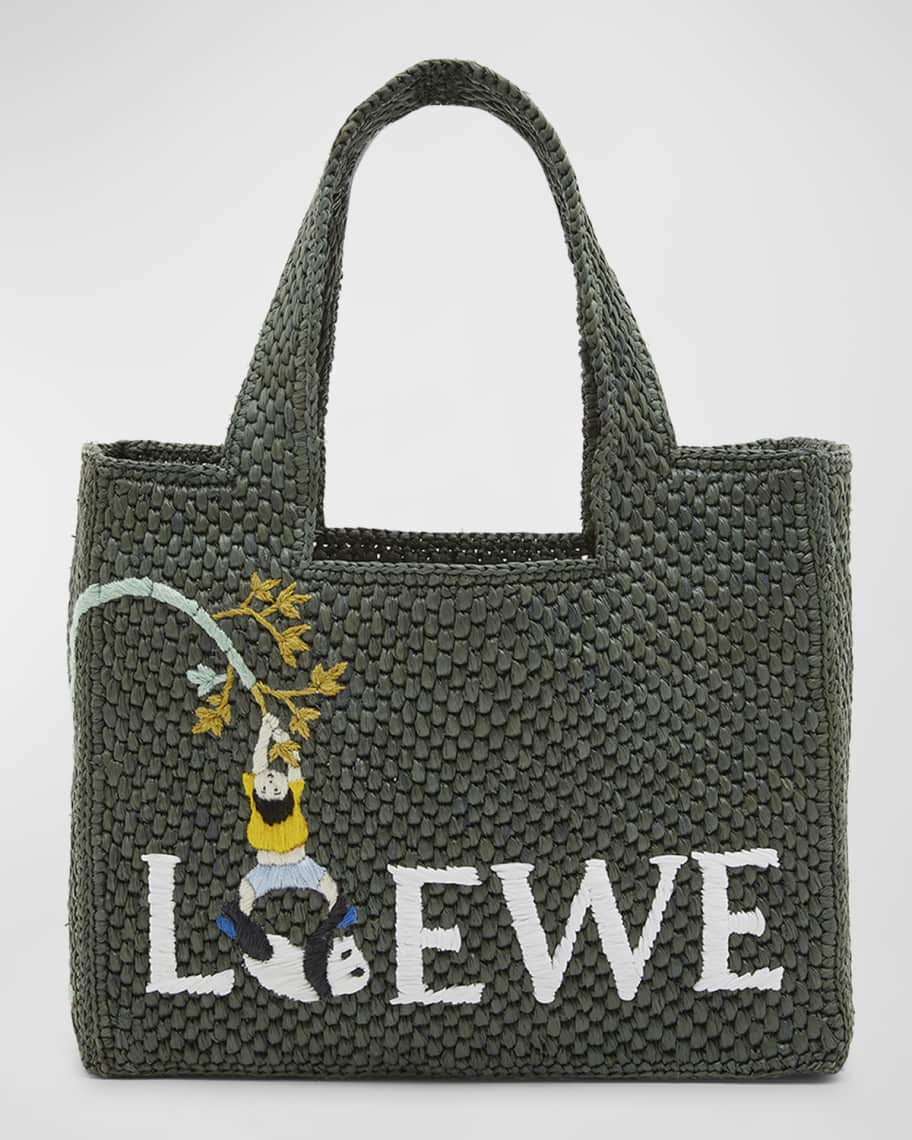 Image 1 of 6: Font Small Tote Bag in Raffia with Pandas