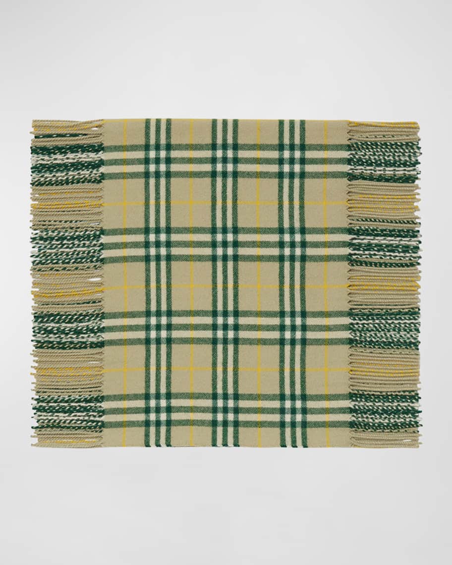Image 3 of 4: Green Washed Vintage Check Cashmere Fringe Scarf