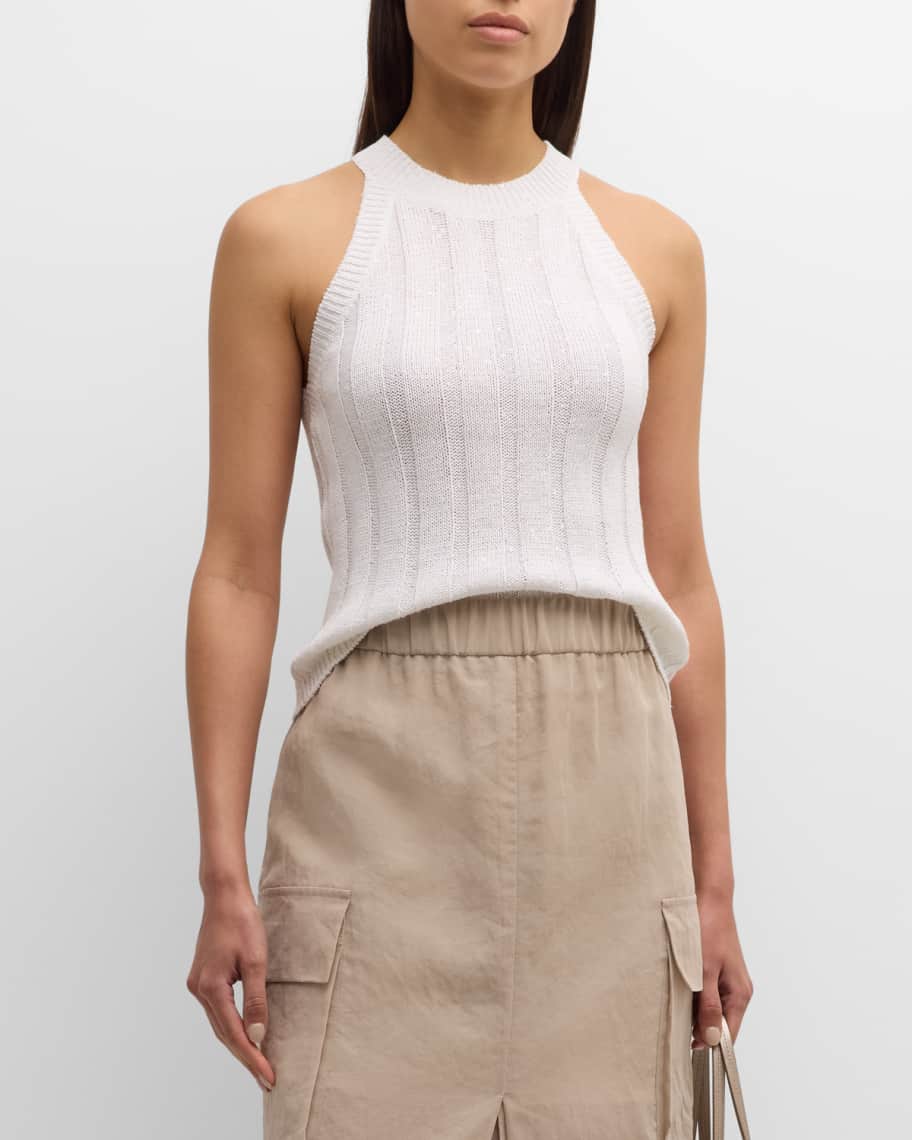 Image 2 of 6: Paillette Ribbed Cut-In Shoulder Tank Top