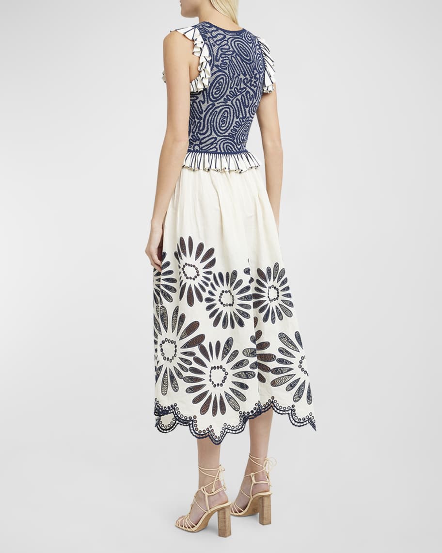 Image 3 of 6: Annisa Embroidered Linen Cotton Scalloped Midi Skirt