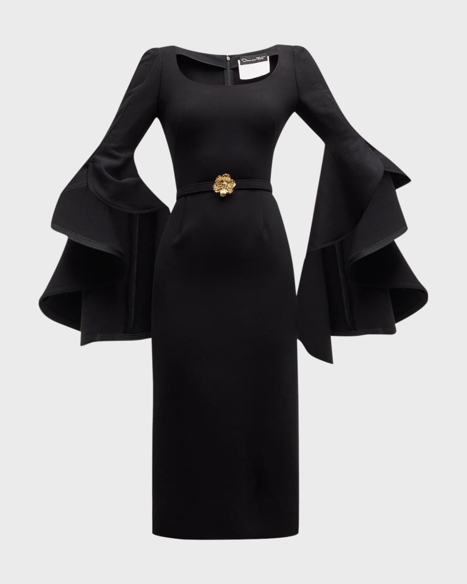 Image 1 of 6: Scoop-Neck Ruffle 3/4-Sleeve Belted Crepe Midi Dress