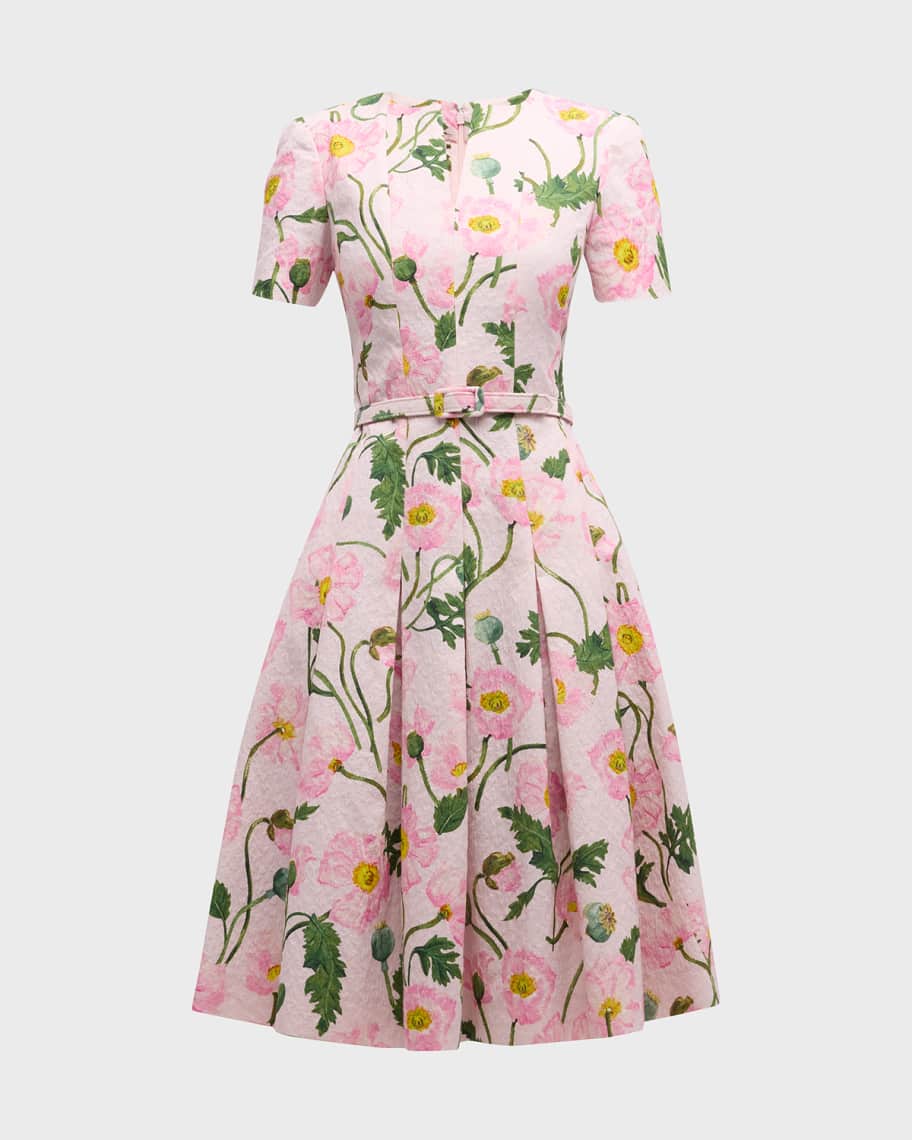 Image 2 of 6: Split-Neck Painted Poppies Cloque Flare Dress With Self Belt