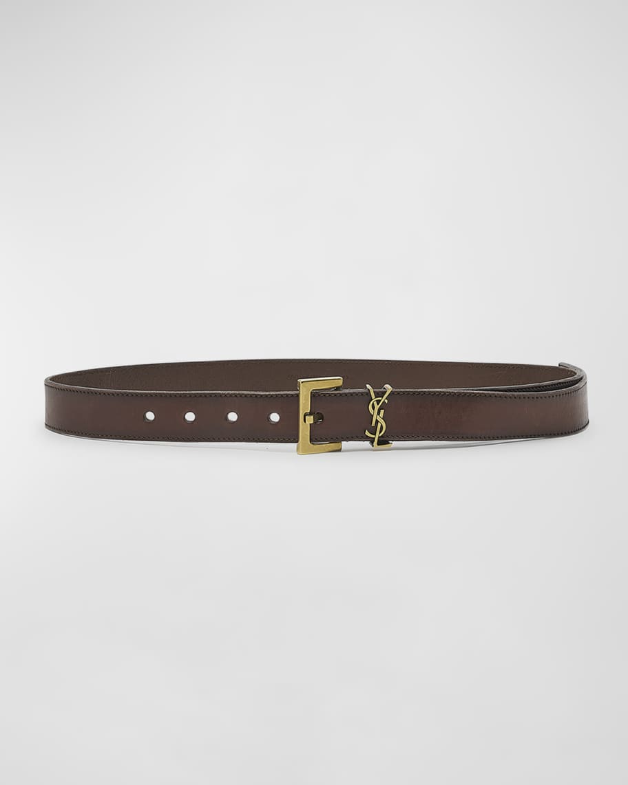 Saint Laurent Cassandre YSL Thin Brown Leather Belt Neiman Marcus