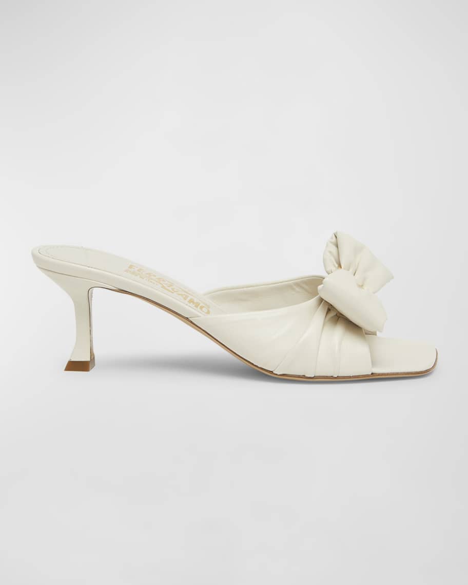 SAND YELLOW GROSGRAIN CANVAS BOW MULE SANDALS 90 MM