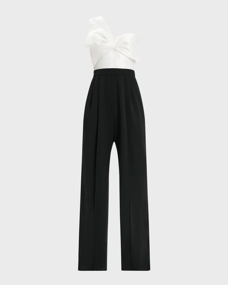 Zac Posen One-Shoulder Two-Tone Bow-Front Jumpsuit | Neiman Marcus