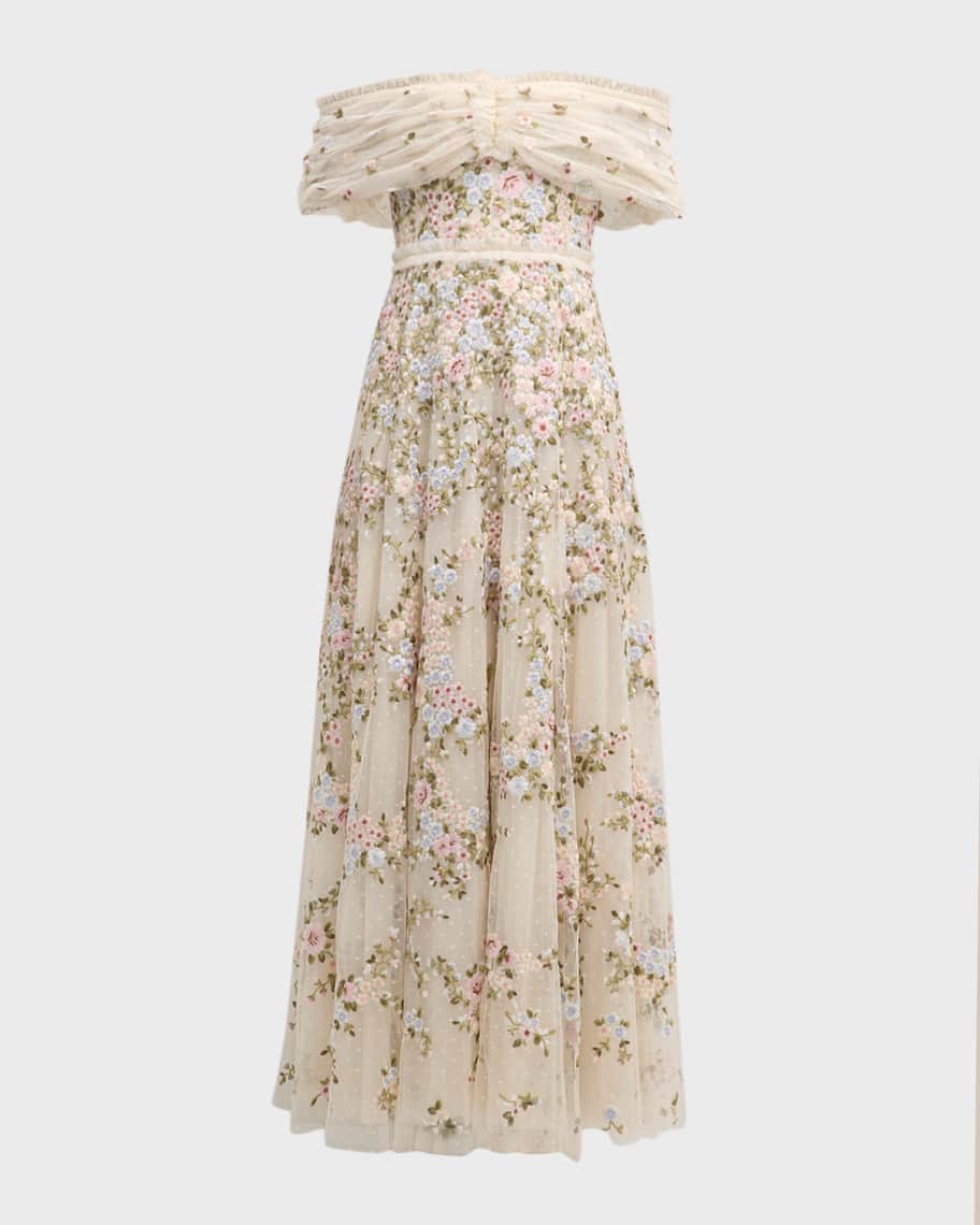 Needle Thread Lunaria Wreath Floral Embroidered Tulle Gown Neiman Marcus