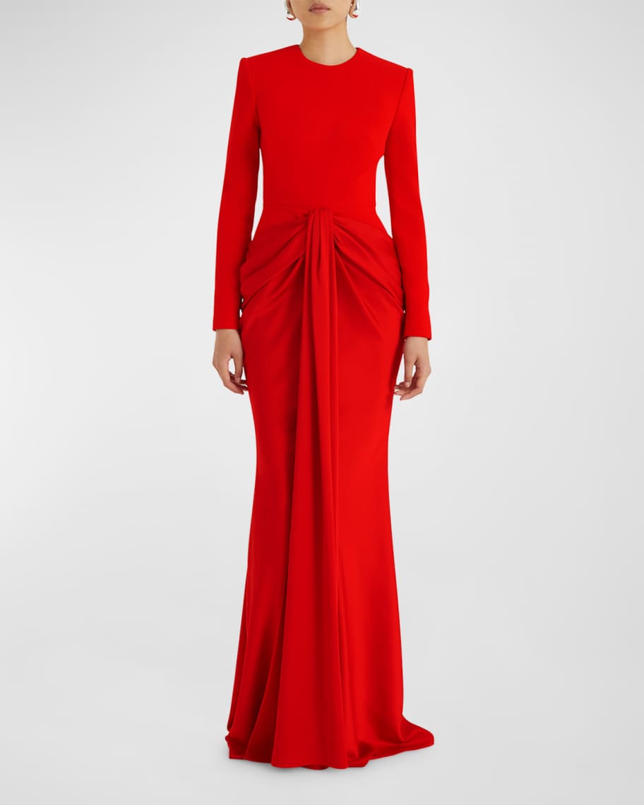 Safiyaa Naira Draped Satin-Skirt Long-Sleeve Gown | Neiman Marcus
