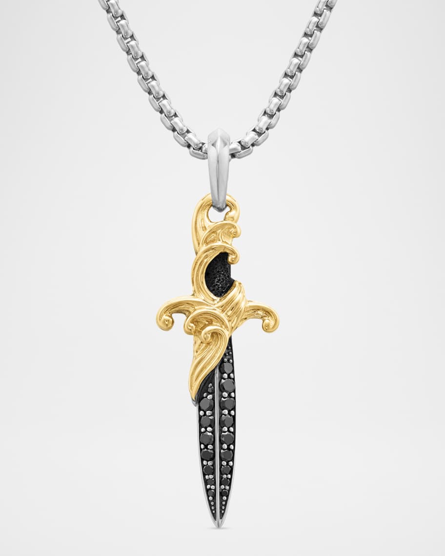 David Yurman Men's Waves Dagger Amulet in Silver with 18K Gold and Black Diamonds, 43.8mm