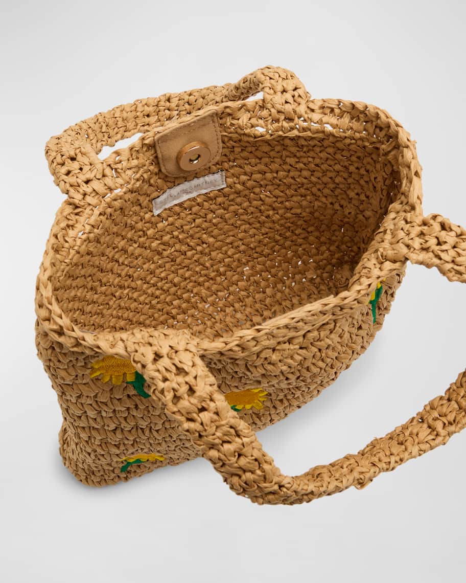 Image 3 of 4: Girl's Raffia Tote Bag with Sunflowers Embroidery