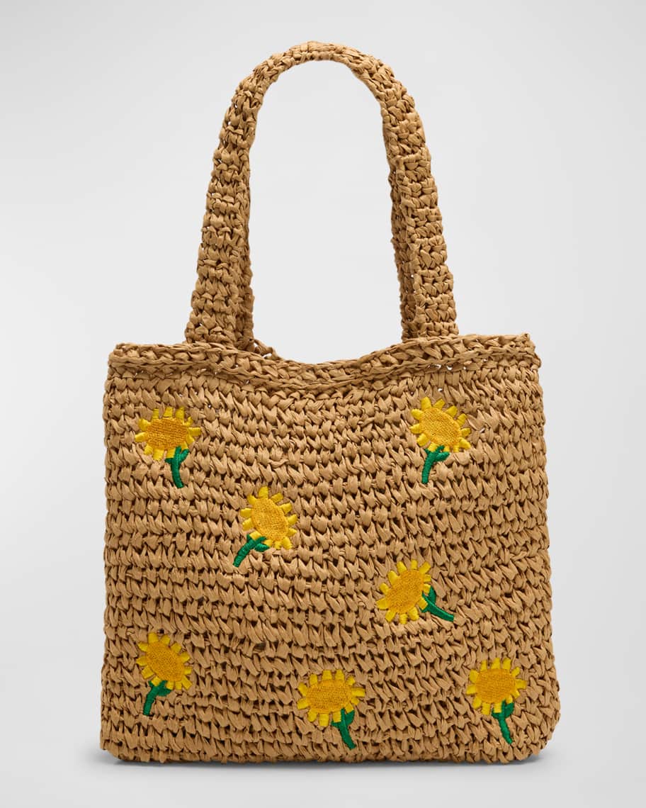 Image 1 of 4: Girl's Raffia Tote Bag with Sunflowers Embroidery