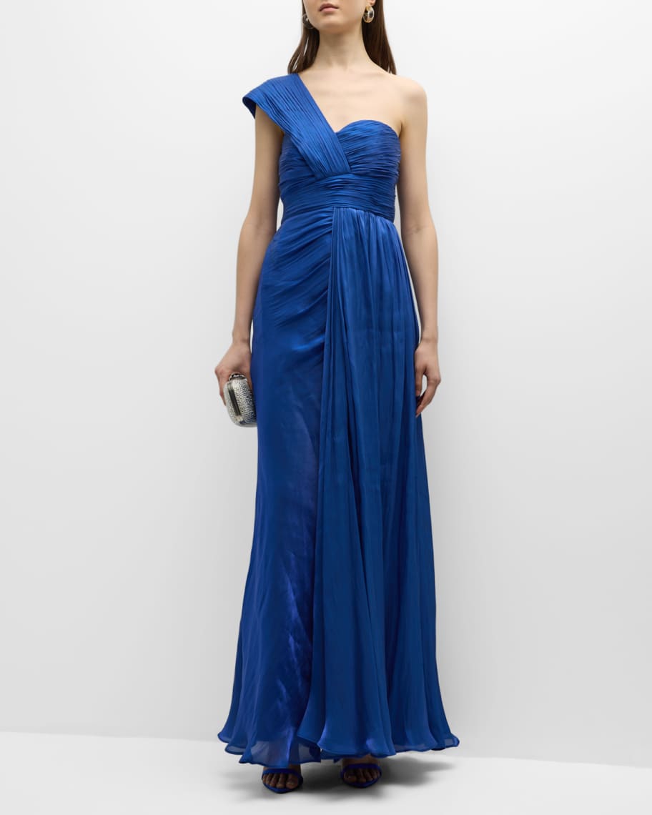 Badgley Mischka Collection Pleated One-Shoulder Draped Gown | Neiman Marcus