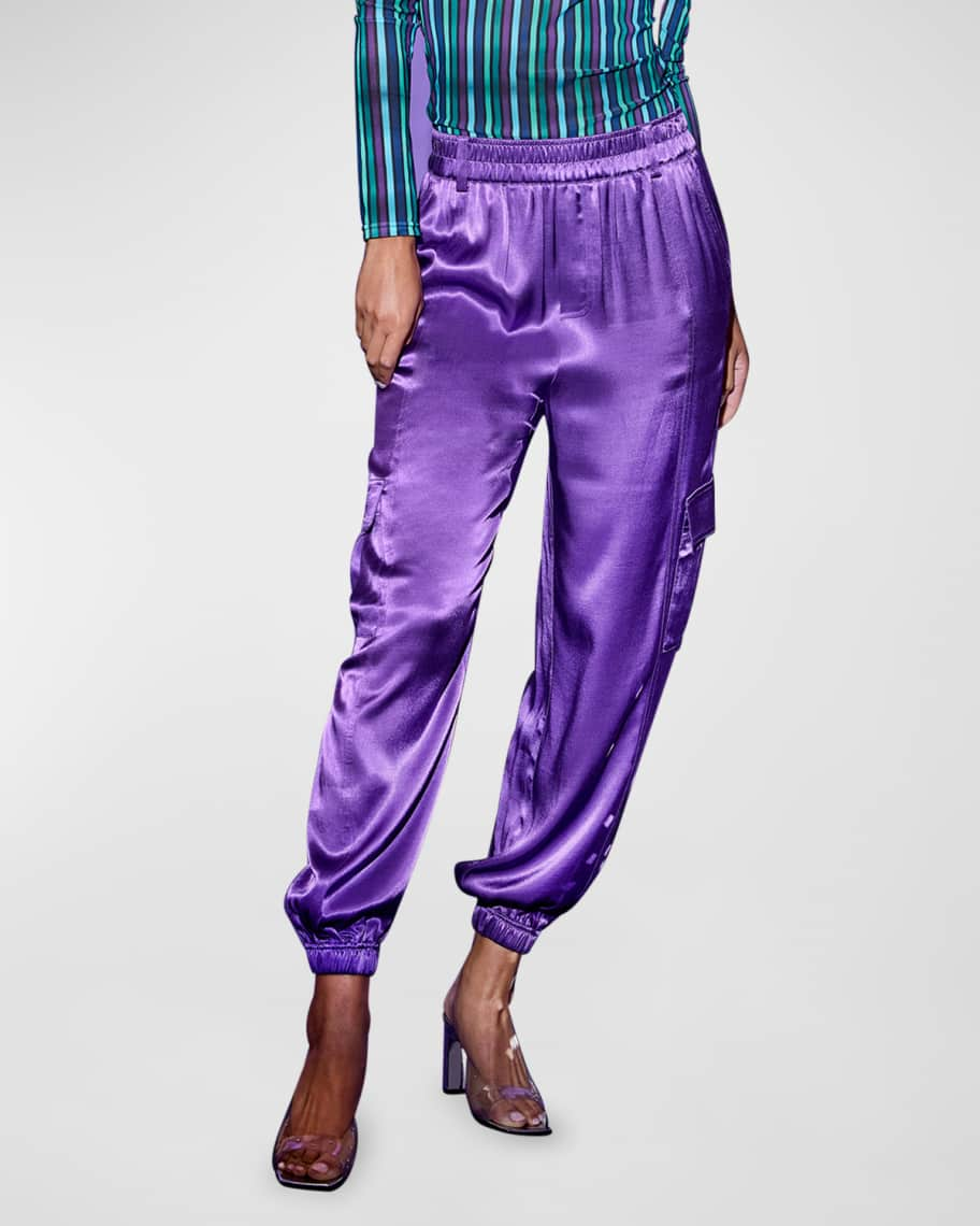 Elastic Waist Satin Joggers in Violet