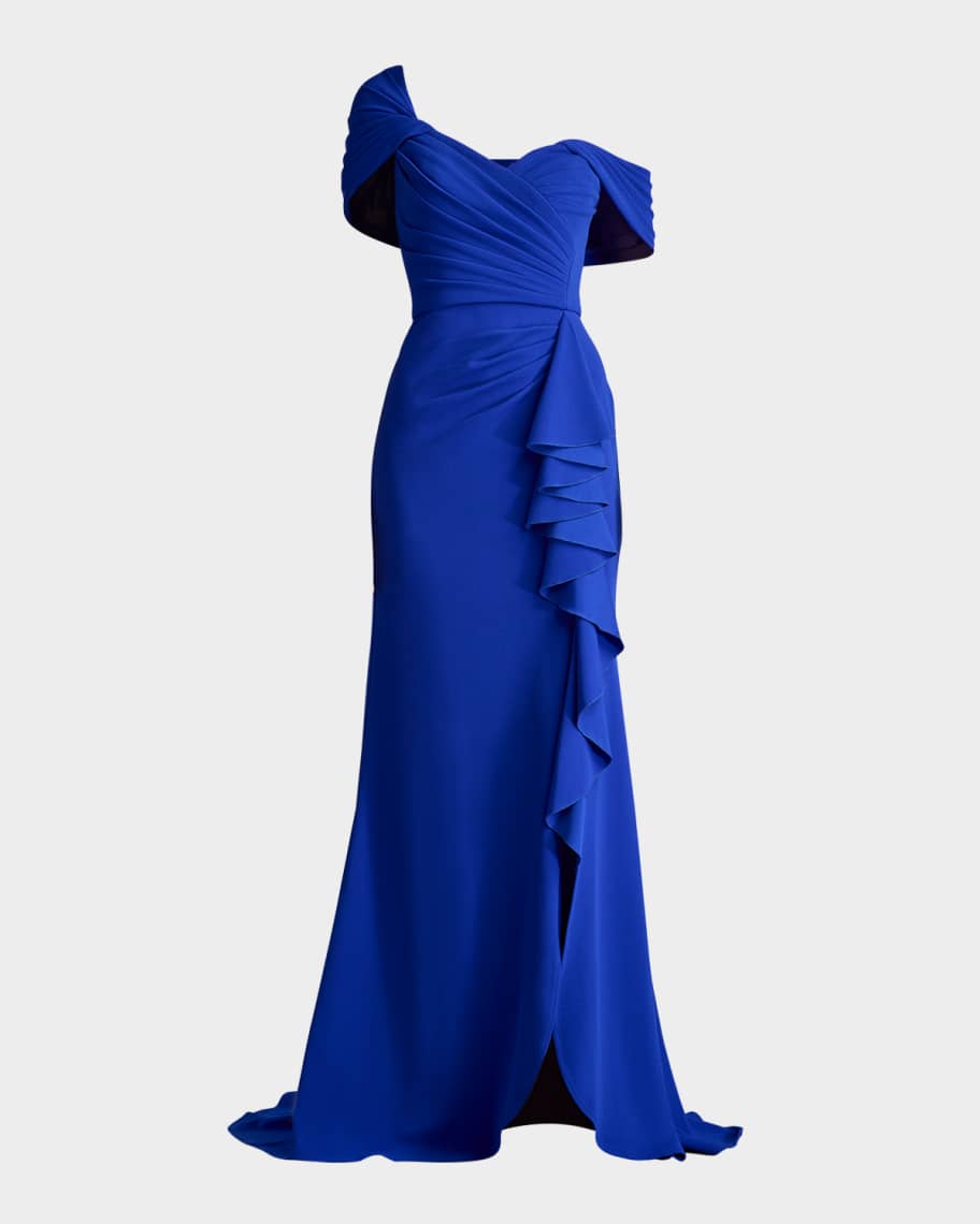 Tadashi Shoji Off-Shoulder Pleated Ruffle Gown | Neiman Marcus