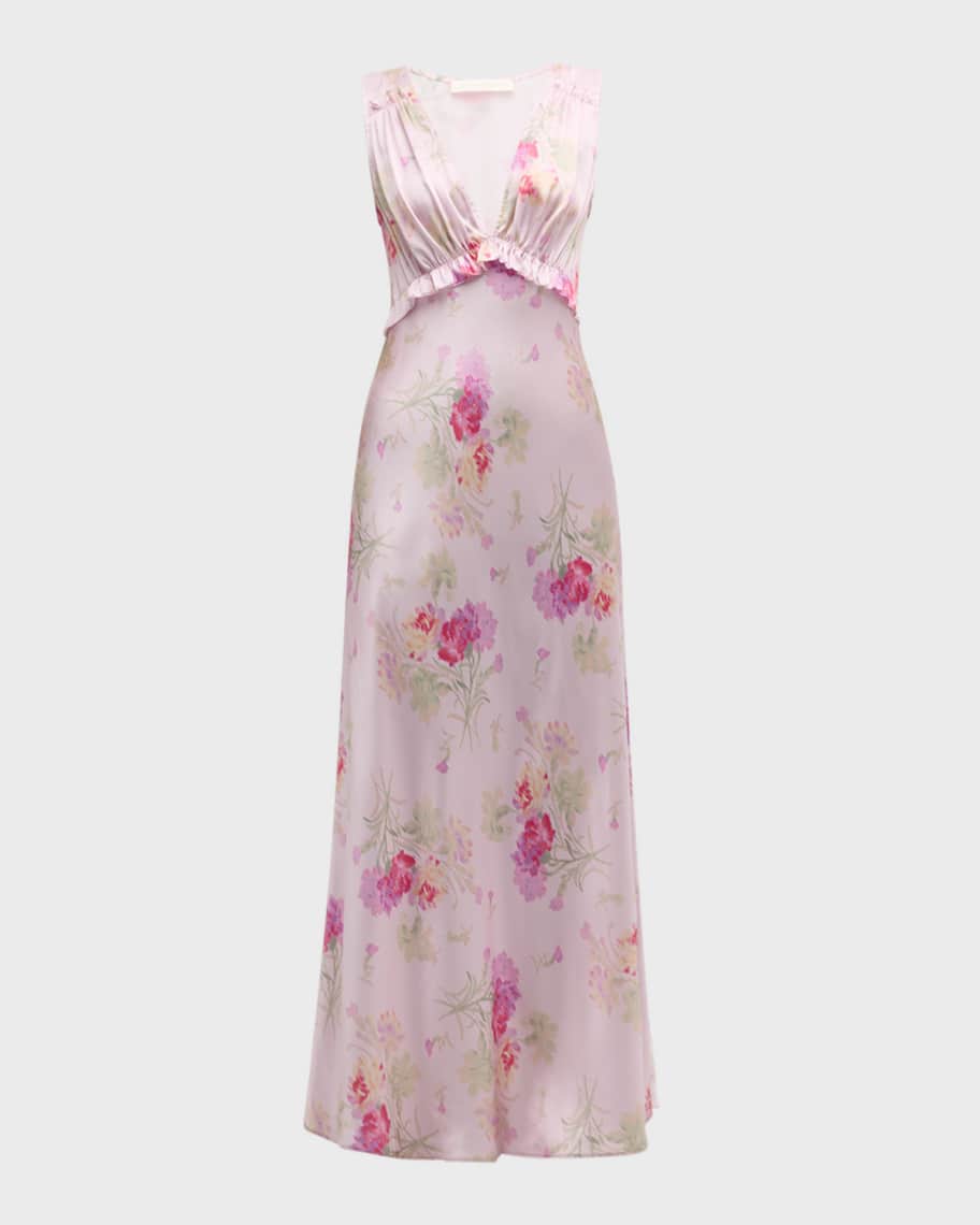 Image 1 of 6: Suniva Sleeveless Floral Silk V-Neck Midi Dress
