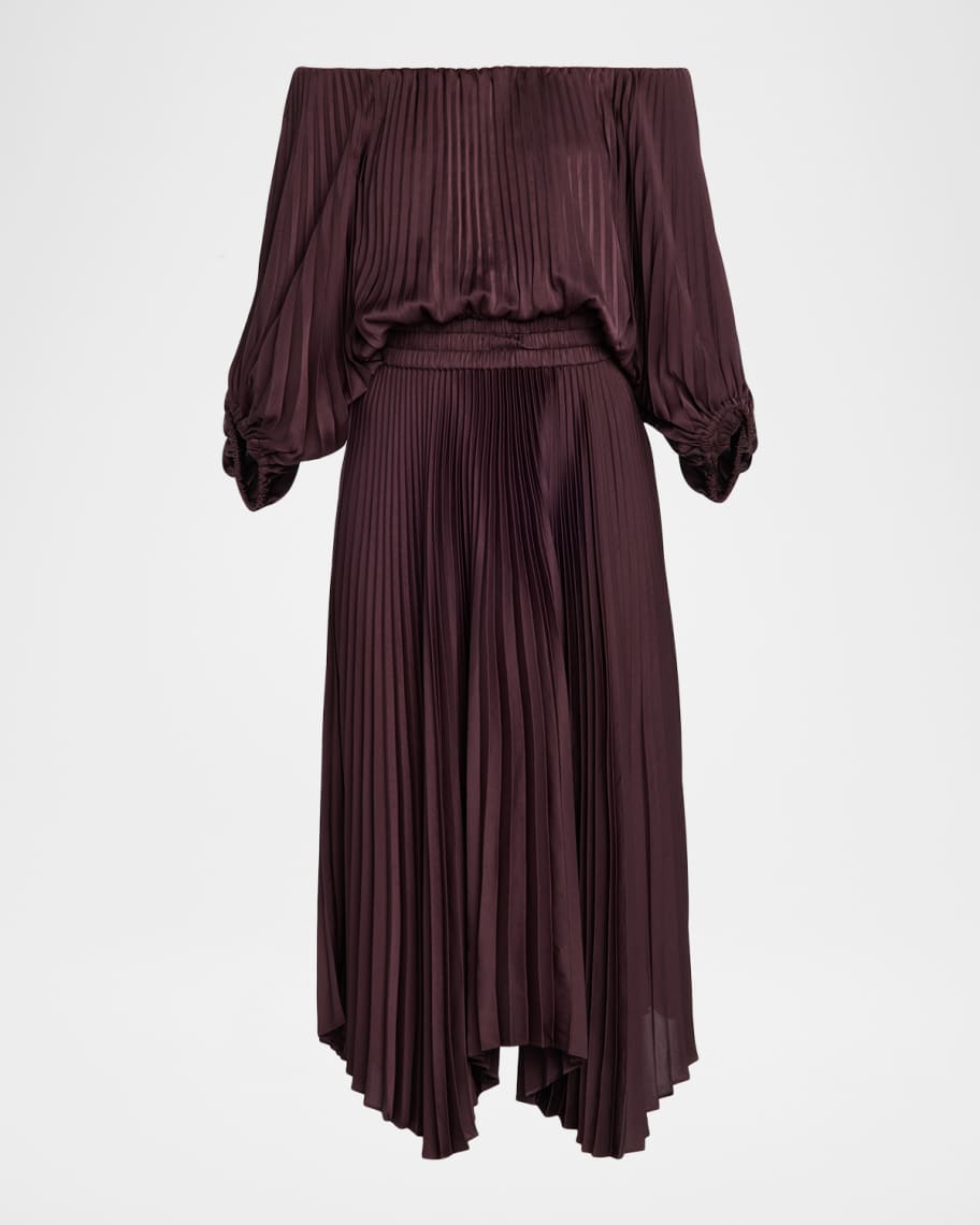 sienna satin pleated off shoulder dress A.L.C. Sienna Pleated Off-The-Shoulder Midi Dress